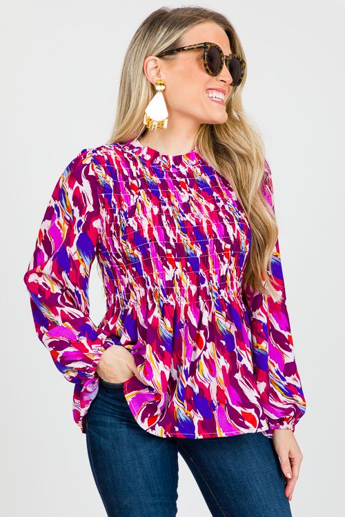 Whisked Away Smock Blouse, Magenta - New Arrivals - The Blue Door Boutique Long Sleeve Smocked Top For Fall Day Out, Smocked Cuffs Tops For Day Out In Fall, Chic Smock Blouse For Day Out, Smocked Cuffs Tops For Fall Day Out, Tops With Smocked Cuffs For Fall Day Out, Fall Tops With Smocked Cuffs For Day Out, Long Sleeve Blouse With Smocked Cuffs For Day Out, Chic Spring Tops With Smocked Cuffs, Spring Long Sleeve Blouse With Smocked Bodice