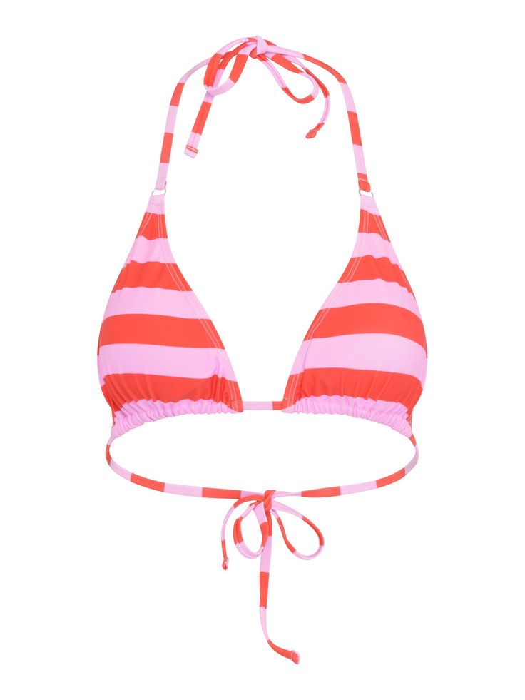 The triangle string bikini is a silhouette that instantly transports us to days spent poolside and Clarissa is no exception. Crafted from recycled polyester, she features a colour-pop pink and red stripe with tie detail at the back. Pair with matching Janice bikini bottoms to complete the set. Adjustable Striped Swimwear For Summer, Pink Triangle Swimwear For Spring, Striped Triangle Top Swimwear For Beach, Striped Triangle Top Swimwear For Summer, Striped Halter Neck Swimwear For Poolside, Striped Halter Neck Summer Swimwear, Adjustable Striped Swimwear For Poolside, Pink Triangle Top Swimwear With Adjustable Straps, Red Triangle Top Swimwear With Adjustable Straps