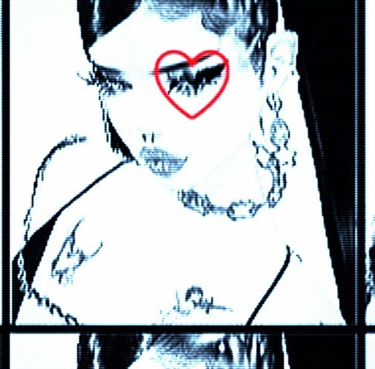 a woman with tattoos and a red heart on her chest is shown in three different frames