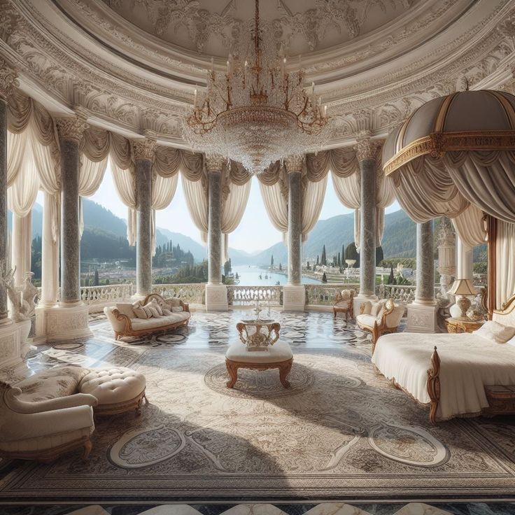 Palace Room Aesthetic, Castle Bedroom Luxury, Fantasy Royal Bedroom, Castle Interior Aesthetic, Princess Mansion, Fantasy Castle Interior, Royalty Bedroom, Luxurious Mansions Interior, Royal Luxury Bedroom Design