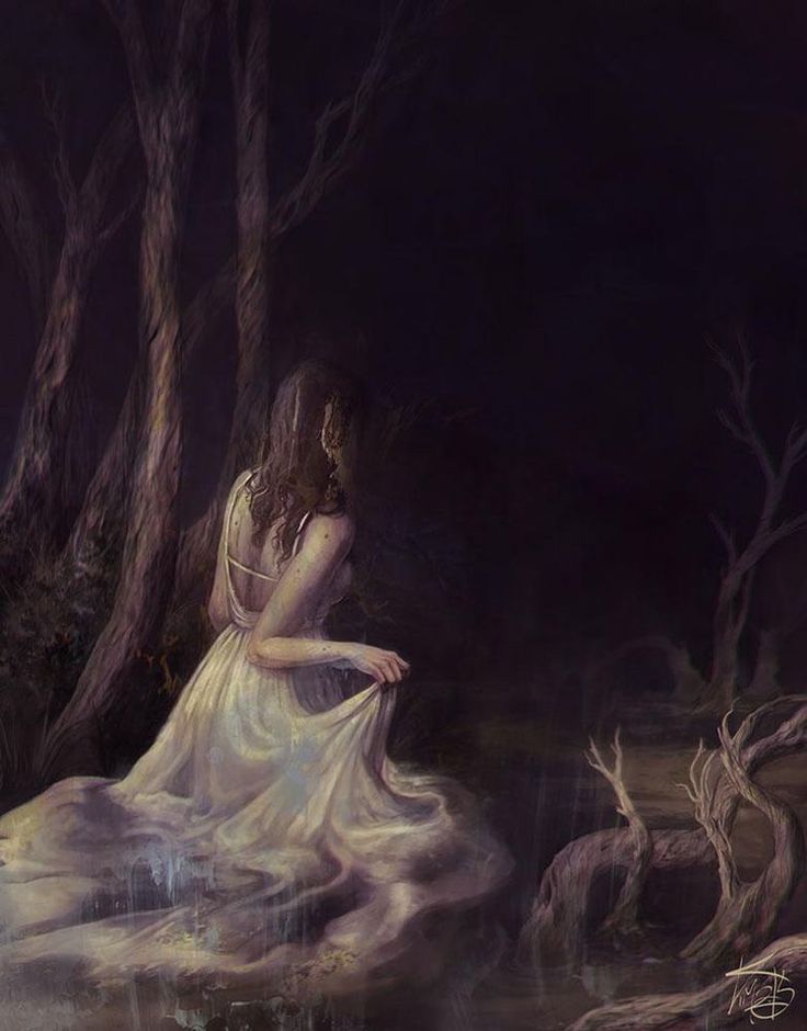 a painting of a woman in a white dress sitting on the edge of a body of water