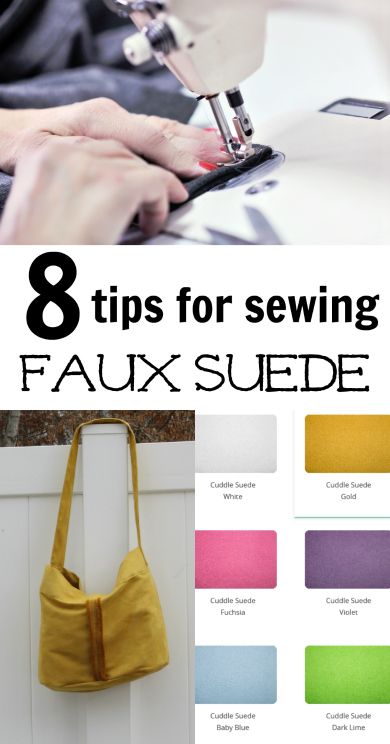 the instructions for how to sew on a sewing machine with text overlay that reads 8 tips for sewing faux suede