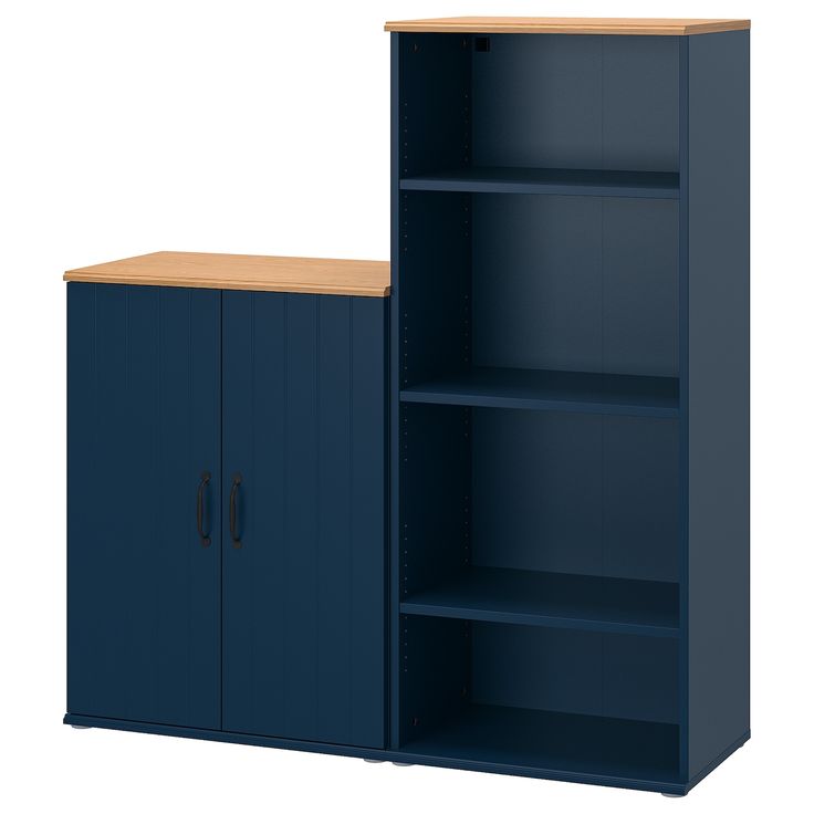 a blue bookcase with two doors and a wooden top on an isolated white background