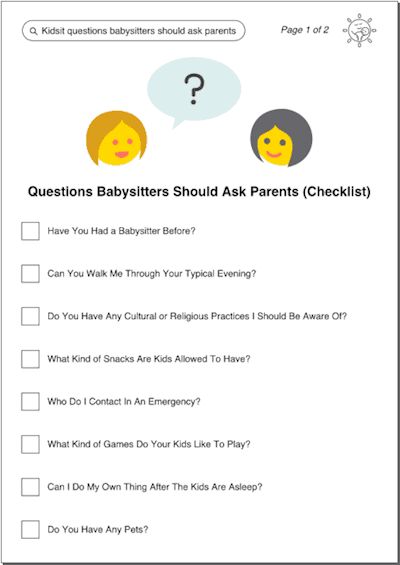 a question sheet with two children's faces and the words questions babysitters should ask parents checklist