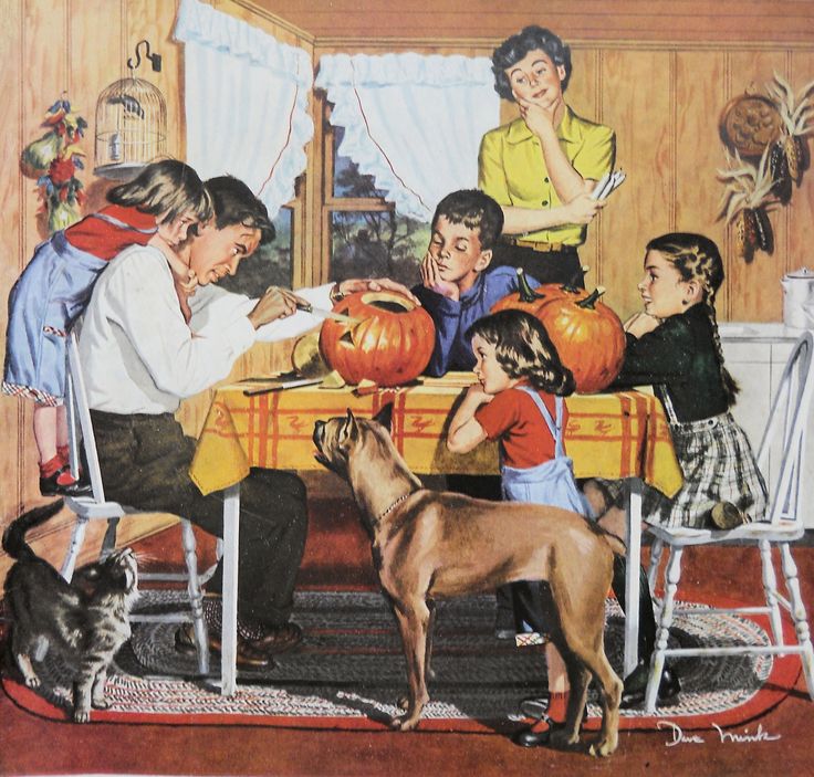 a painting of children and adults carving pumpkins on a table with a dog in the foreground