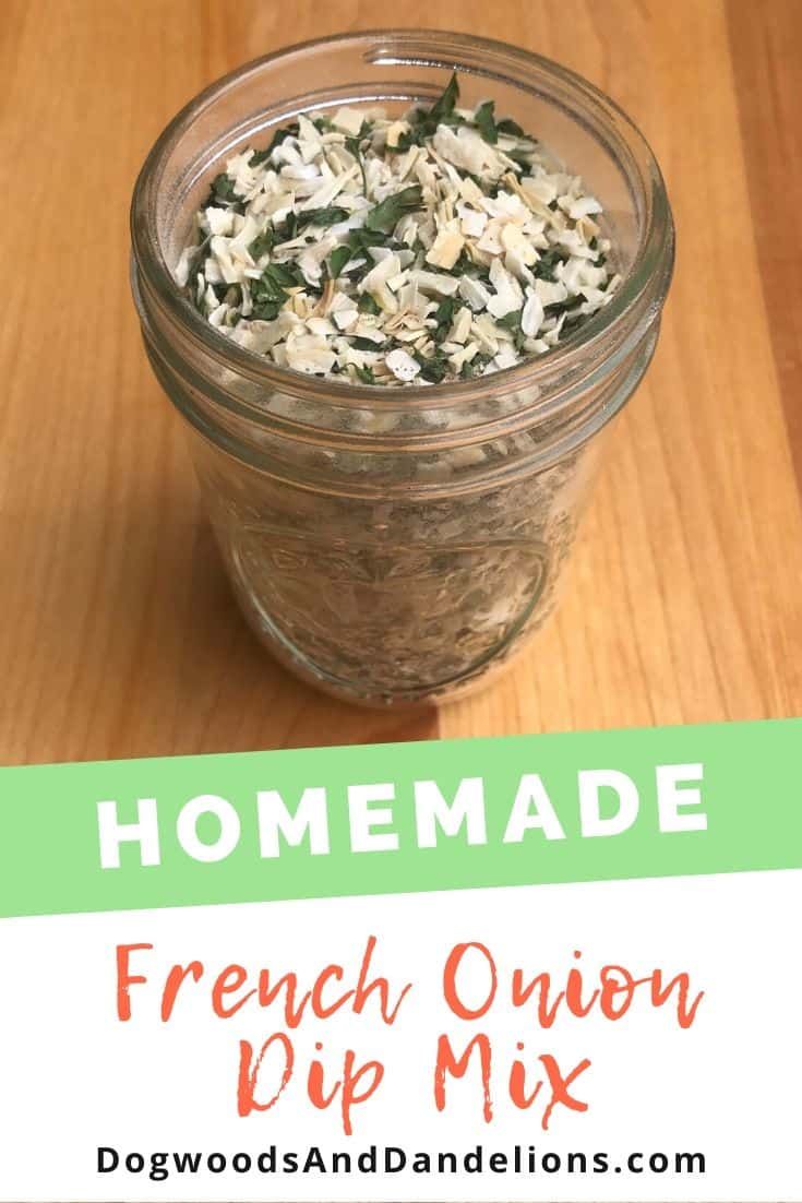 homemade french onion dip mix in a glass jar on a wooden table with text overlay