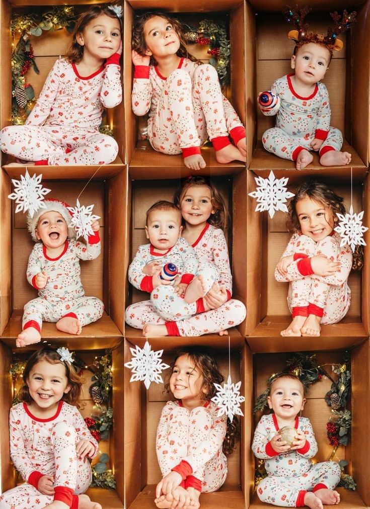 several photos of babies in christmas pajamas and snowflakes, all with their mouths open