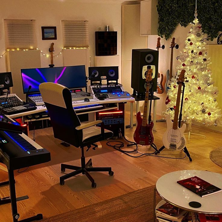 a room filled with lots of musical instruments and christmas tree in the corner, surrounded by holiday decorations