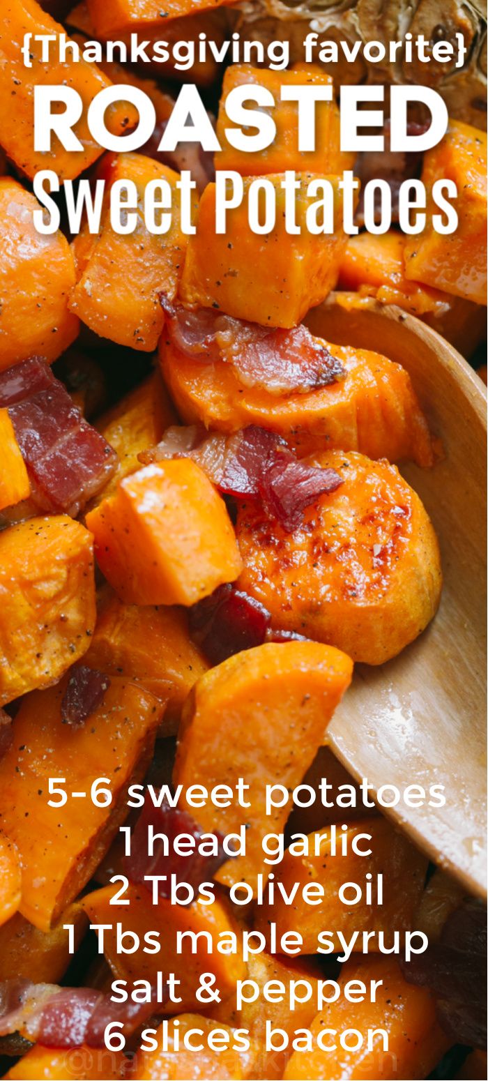 roasted sweet potatoes with maple syrup and bacon are the perfect side dish for thanksgiving dinner