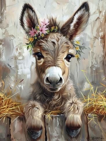 a painting of a baby donkey with flowers on its head