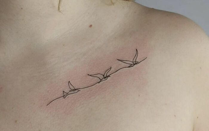 the back of a woman's shoulder with birds on it