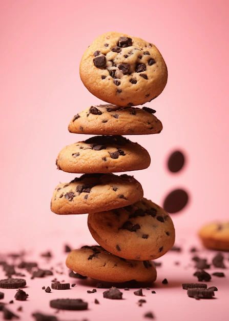 chocolate chip cookies stacked up on top of each other with oreos scattered around them