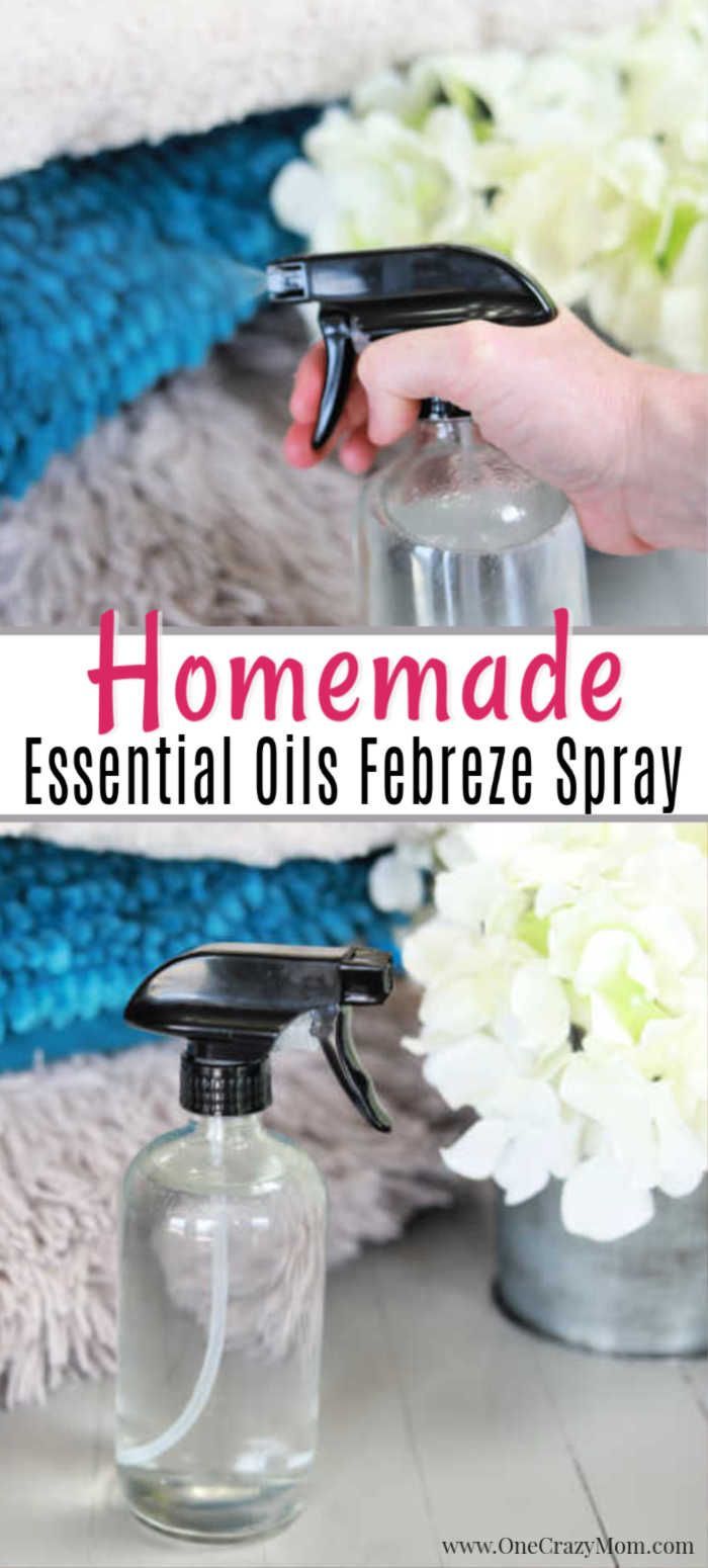 homemade essential oils ferbereze spray with flowers in the background and text overlay that says homemade essential oils ferretizer spray