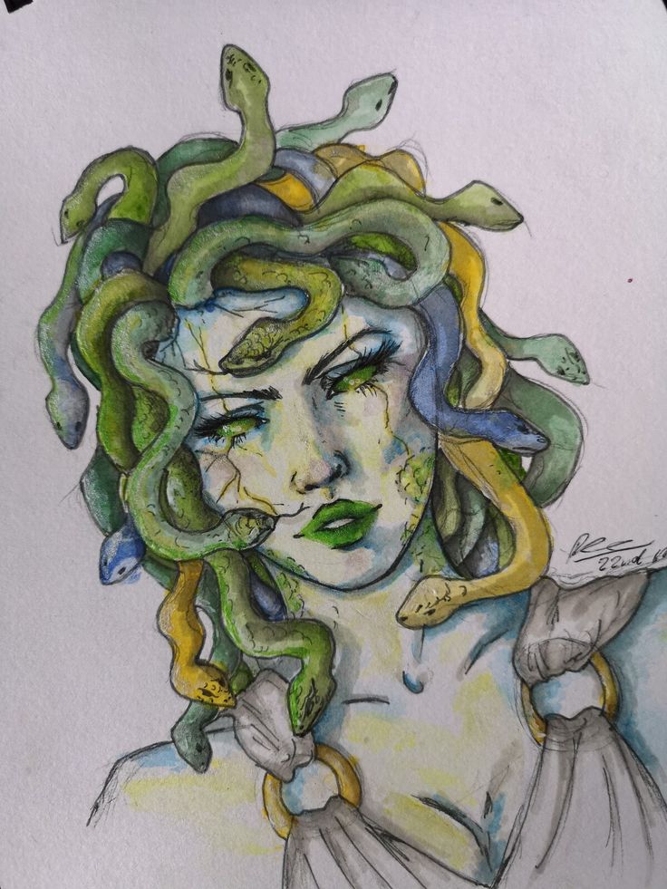 a drawing of a woman with green hair and snakes on her head, in front of a white background