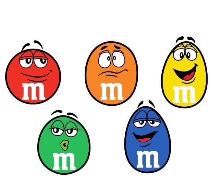 four different colored m and m with faces