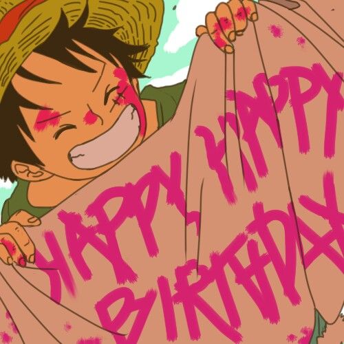 a cartoon character holding a bag with the words happy birthday written on it in pink ink