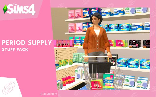 an animated woman pushing a shopping cart in a store with the caption period supply stuff