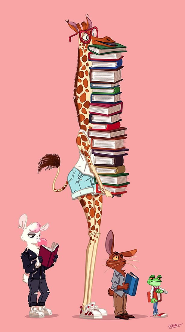 a giraffe standing on top of a pile of books next to other animals