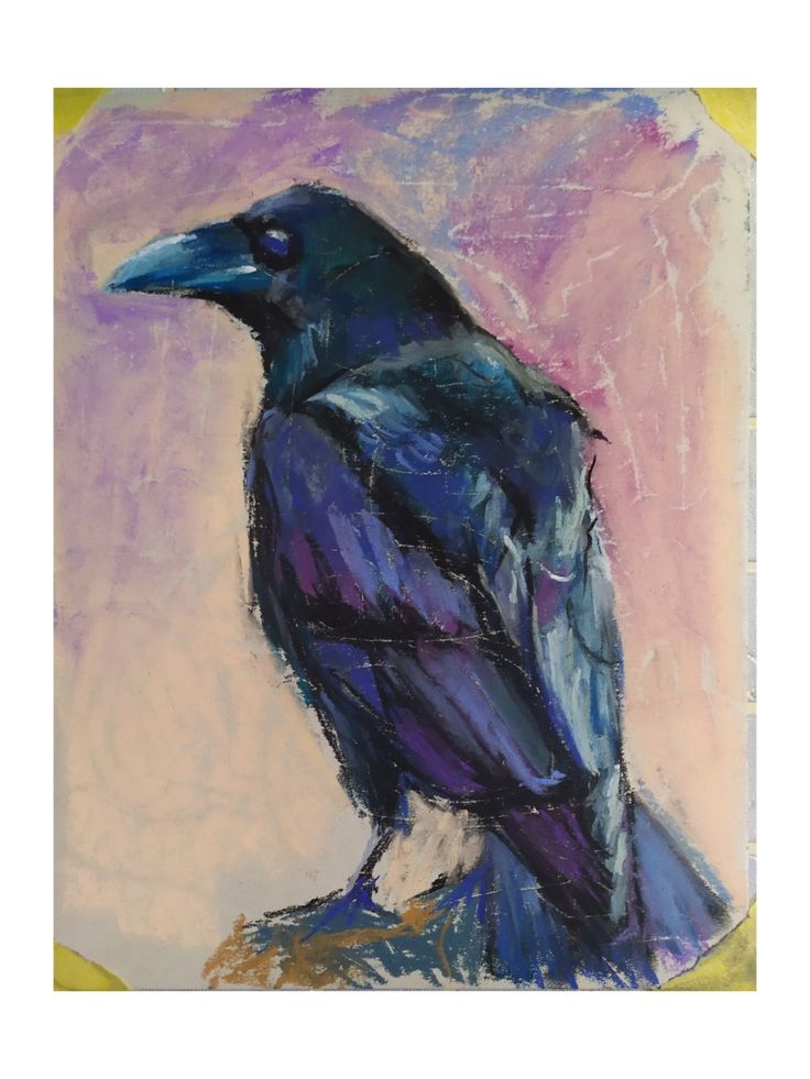 a painting of a black bird sitting on top of a yellow and purple background,