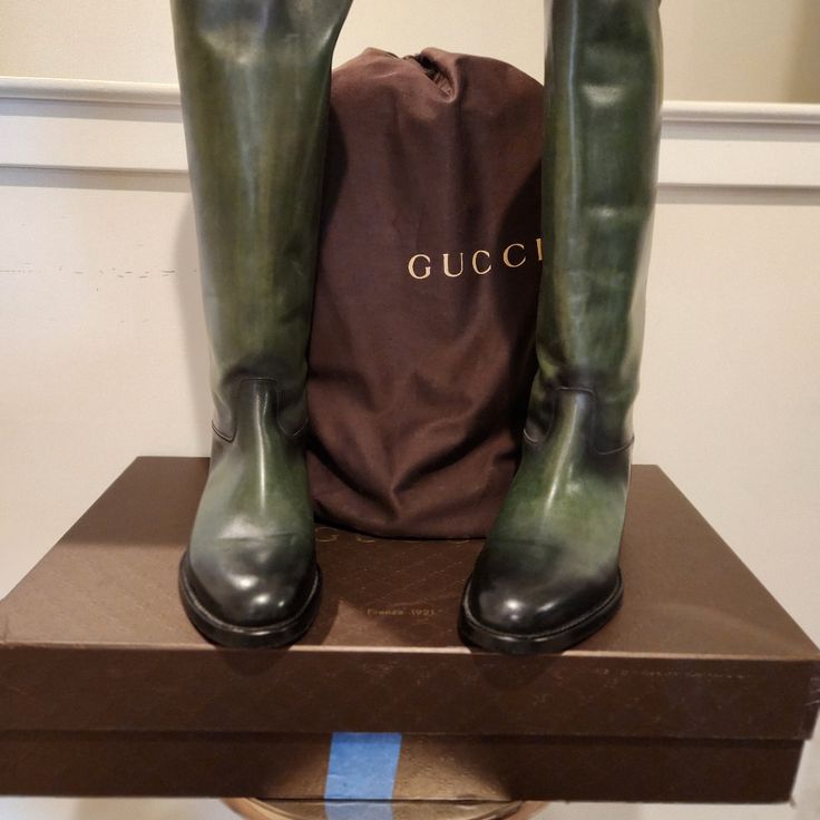 Very Rare Gucci Italian Leather Riding Boots. These Boots Are New And Have Never Been Worn. Luxury Green Boots For Formal Occasions, Luxury Green Formal Boots, Luxury Calf Leather Riding Boots, Designer Calf Leather Boots With Goodyear Welted Construction, Designer Calf Leather Boots With Goodyear Welt, Luxury Riding Boots With Leather Sole, Gucci Calf Leather Boots, Gucci Designer Leather Boots, Gucci Luxury Boots