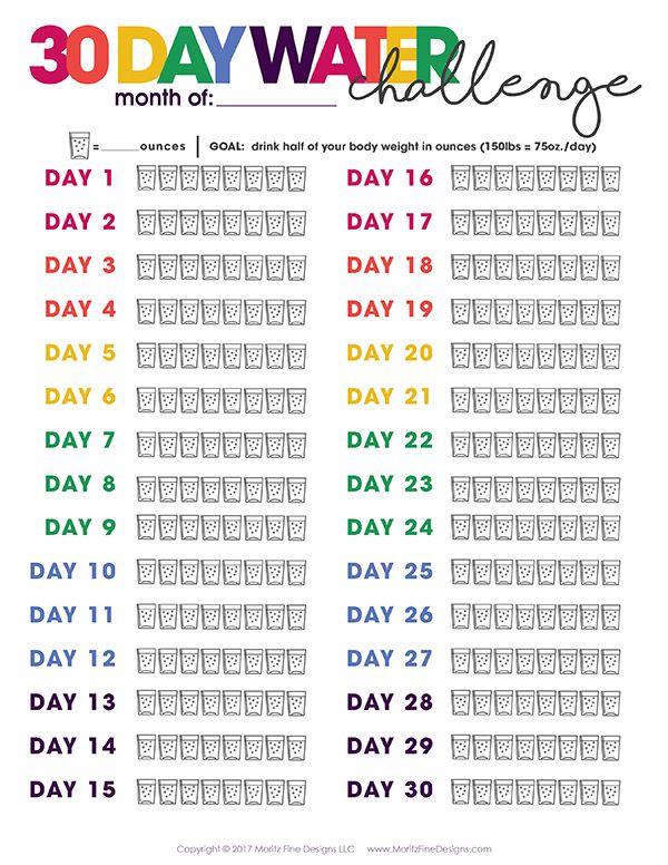 the 30 day water challenge is shown in this printable version, which includes an image of