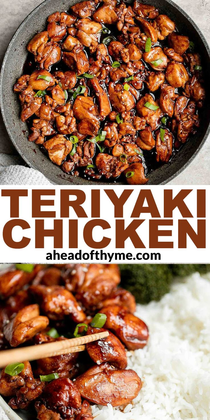 teriyaki chicken in a skillet with rice and chopsticks on the side