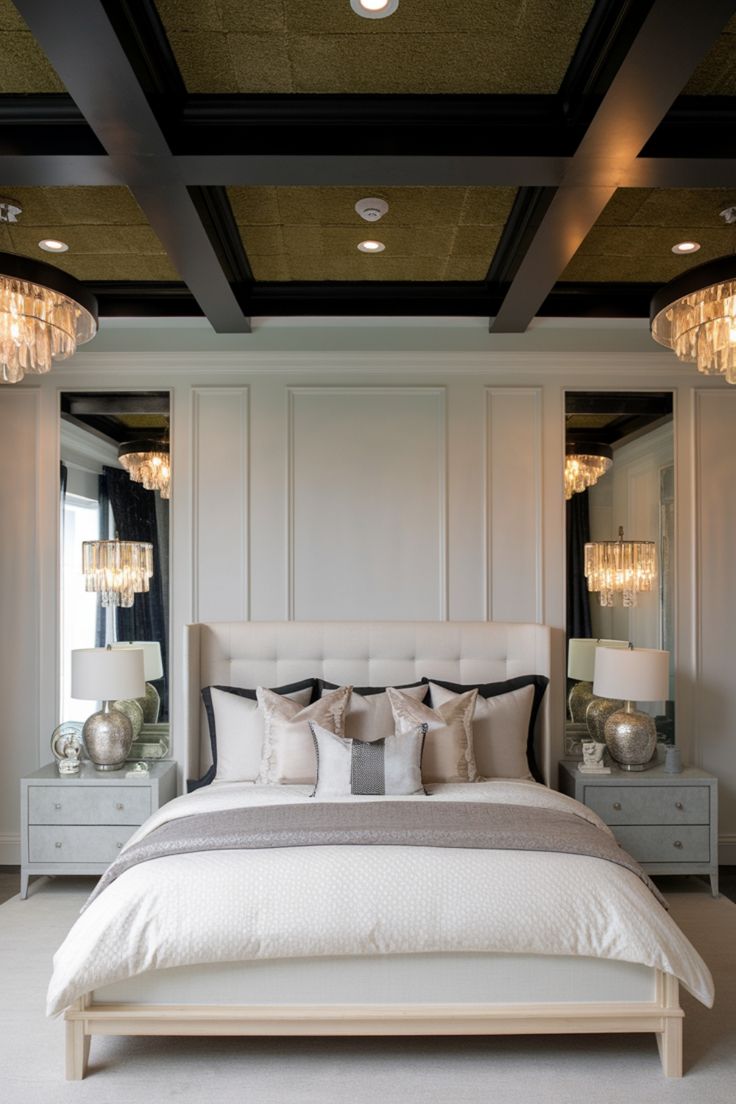 Elegant bedroom with a tufted headboard, decorative pillows, mirrored nightstands, and chandelier lighting. Black Ceiling Black Walls, Black Ceiling Ideas, Black Bedroom Ceiling, Chic Black Bedroom, High Ceiling Bedroom, Ceiling Inspiration, Ensuite Bathroom Designs, Modern Bedroom Colors, Dark Ceiling