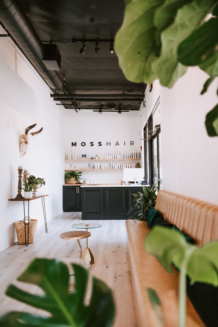 the inside of a hair salon with wooden benches and plants