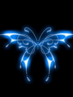 a blue butterfly with glowing wings on it's back side, against a black background