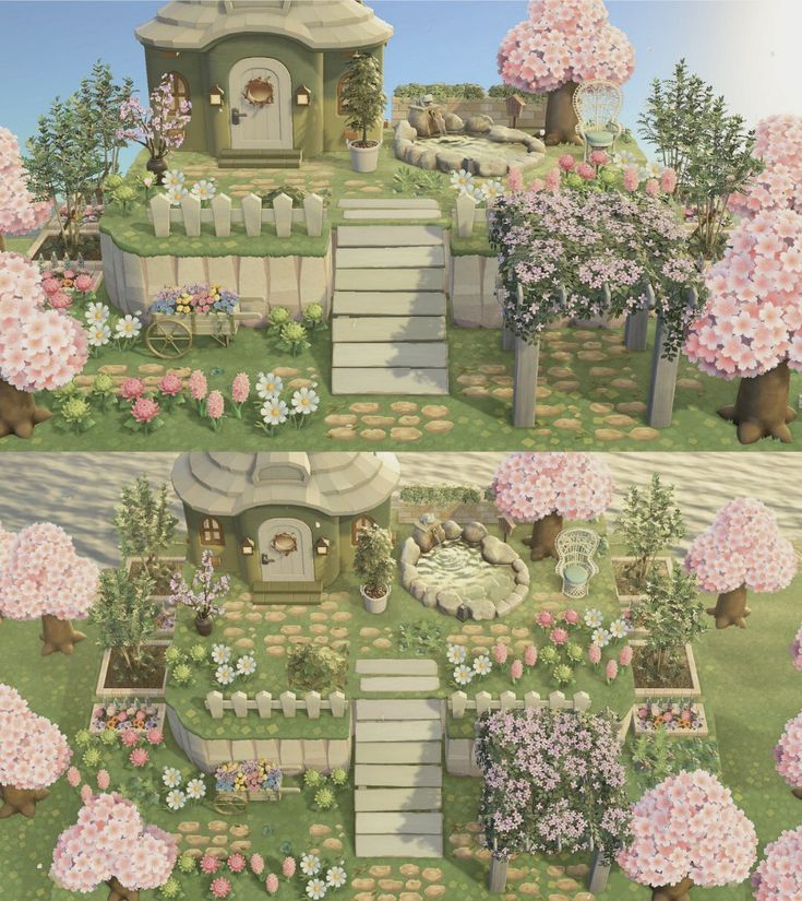 a painting of a garden with flowers and trees in the background, there are steps leading up to a small house