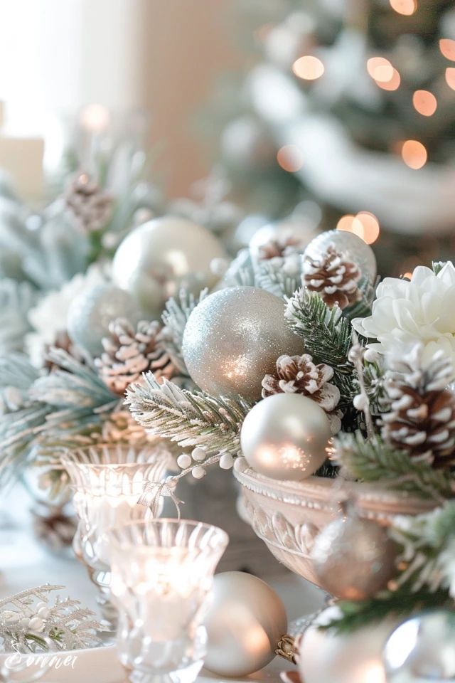 a table topped with white and silver christmas decorations next to a tree filled with lights