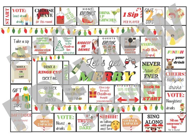 a christmas themed board game with words and pictures on the board, all in different colors