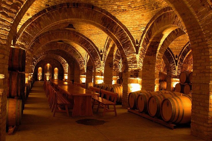 an old wine cellar with wooden barrels in the foreground and lights on either side