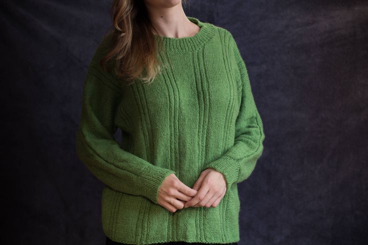 "Hello! This is a cozy, warm sweater knitted by hand by my grandma, so it is one of a kind! Ready to ship! Material: 20% natural wool and 80% acrylic.  Because of the natural wool, it has to be machine washed at 30ºC (85ºF), otherwise it can shrink.  It fits M/L. Sizes are measured according to the chart in the photos: Length: 63cm (25\") Chest: 54cm (21\") Sleeve length: 78cm (31\")" Green Chunky Knit Crew Neck Sweater, Green Chunky Knit Long Sleeve Knitting Pattern, Casual Green Knit Knitting Pattern, Green Casual Knitting Pattern, Casual Green Knitting Pattern, Green Long Sleeve Chunky Knit Pattern, Handmade Green Knit Sweater, Hand Knitted Long Sleeve Green Knitting Pattern, Green Long Sleeve Hand Knitted Pattern