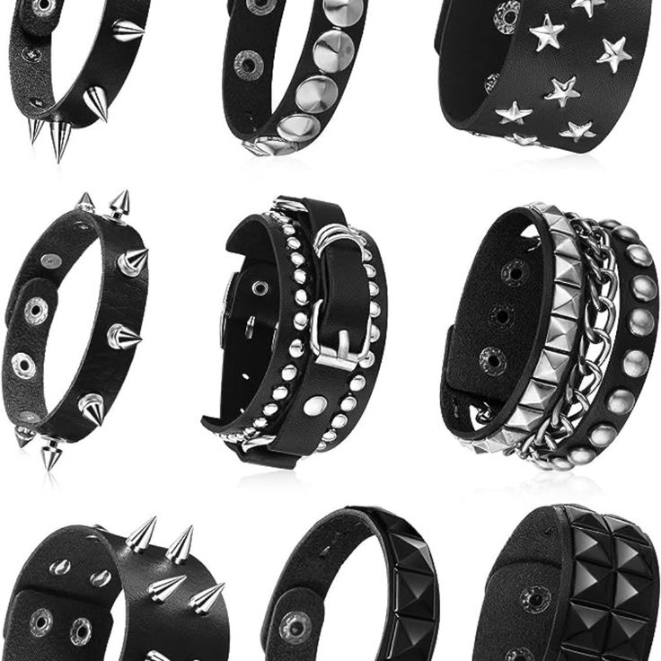 9 Pieces Spiked Studded Bracelet Black Leather Rivet Punk Bracelet Cuff Wrap Bangle Snap Button Metal Wristband For Men Women Punk Style Adjustable Cuff Bracelet With Rivets, Punk Adjustable Cuff Bracelet With Rivets, Adjustable Punk Cuff Bracelet With Black Band, Adjustable Black Band Punk Cuff Bracelet, Adjustable Punk Cuff Bracelet With Rivets, Adjustable Black Punk Wristband, Black Rock Style Wristband As Gift, Black Punk Bracelets For Festival, Punk Black Bangle Bracelets