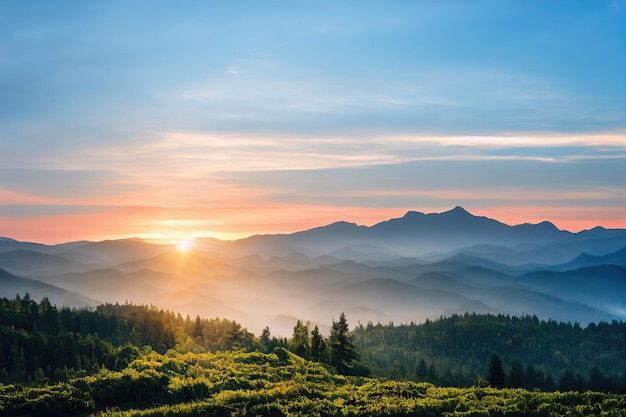 the sun is setting over mountains and trees in the foreground, with mist covering the valley below