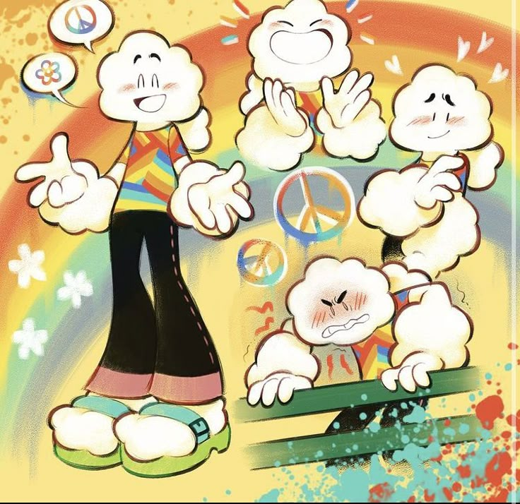 an image of some cartoon characters with peace signs and rainbows in the back ground