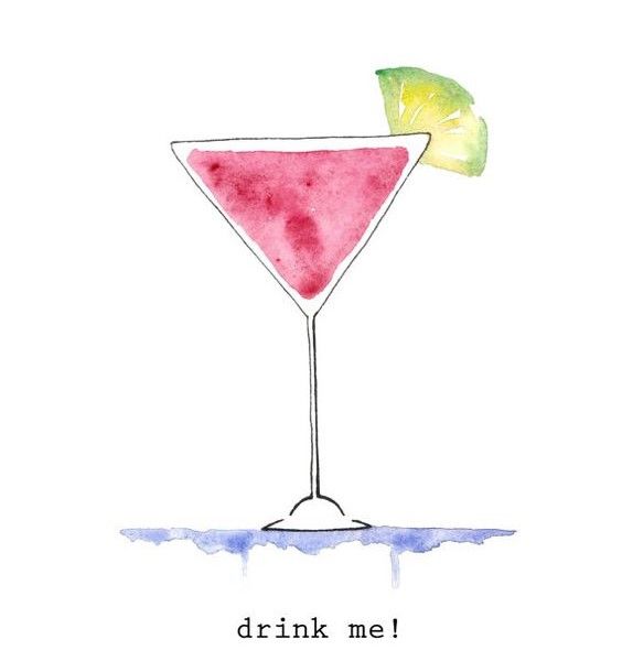 a watercolor drawing of a pink drink with a slice of lemon on the rim