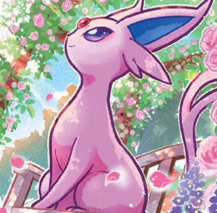 a pink rabbit sitting on top of a wooden bench in front of flowers and trees