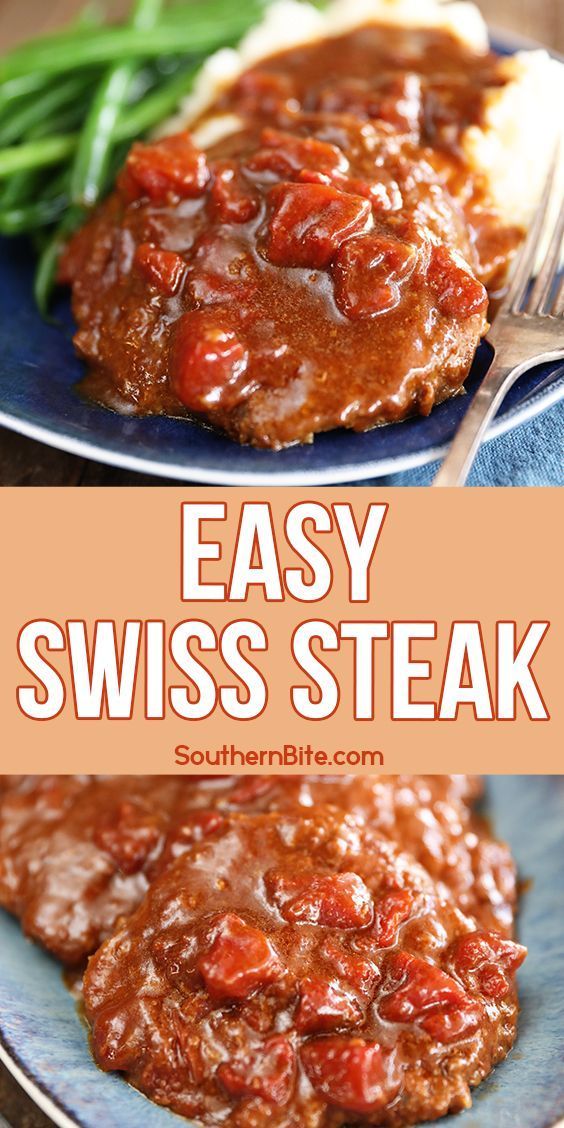 easy swiss steak with gravy and green beans on a blue plate next to mashed potatoes