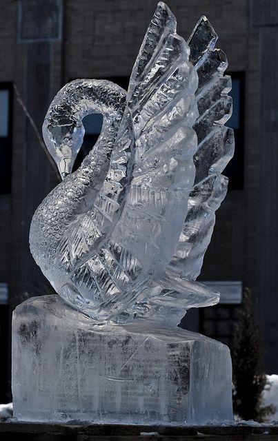 an ice sculpture of a swan sitting on top of a block of ice in front of a building