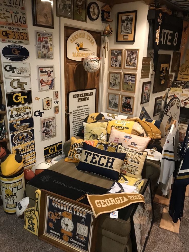 a room filled with lots of sports memorabilia