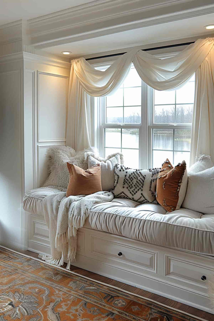 25 Bedroom Nook Designs to Inspire Your Next Room Makeover Window Seats In Bedroom, Window Seating In Bedroom Indian, Ceiling Nook Decor, Window Nook Decor, Window Seat Aesthetic, Bedroom Nook Ideas, Window Seat Decor, Window Seat Curtains, Bedroom Nooks