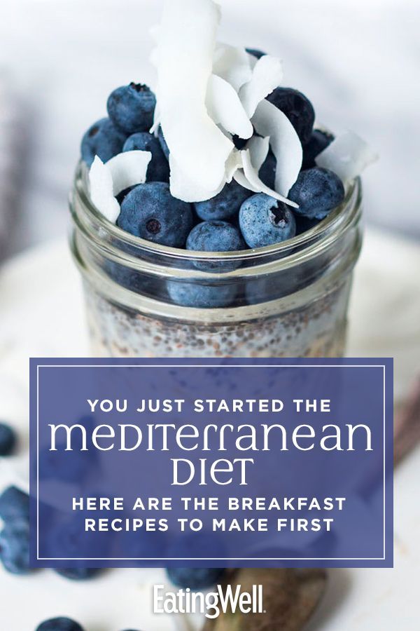 blueberries and yogurt in a jar with the words you just started the mediterranean diet here are the breakfast recipes to make first