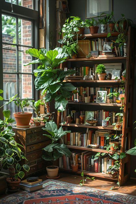 a room filled with lots of green plants and bookshelves next to a window