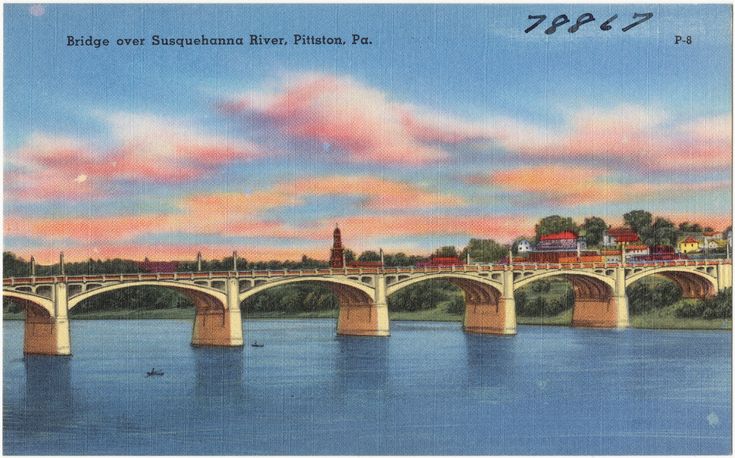 an old postcard shows a bridge over the water with buildings in the background and clouds in the sky