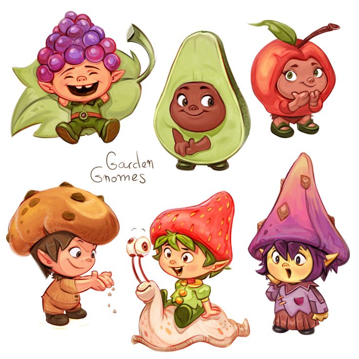 cartoon garden gnomes with various fruits and vegetables on their heads, including an apple, grapes