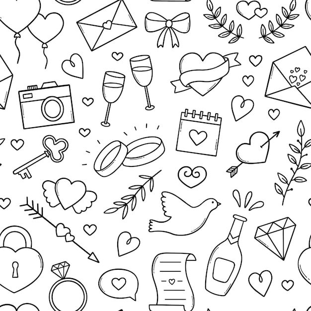 black and white valentine's day doodles with hearts, flowers, envelopes, keys, mail