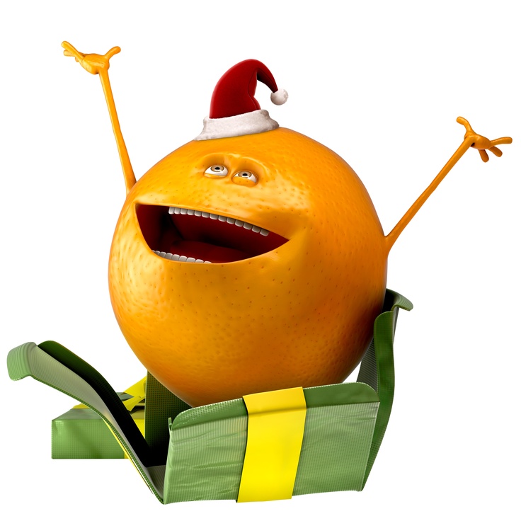 an orange with a santa hat on and arms in the air