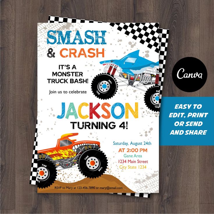 a birthday party with monster trucks and checkered paper on the front, and an orange truck